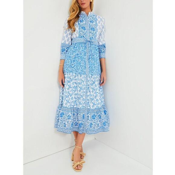 Pink City Prints Tuckernuck Blue Ocean Mix Gemma Block Print Midi Shirt Dress - Picture 3 of 16